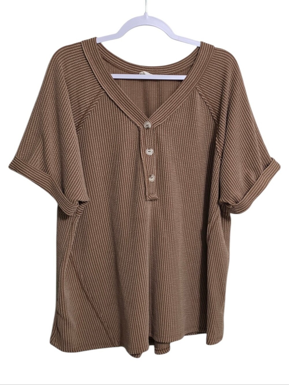 Andree Brown Ribbed Top 2X Short Sleeve Comfy